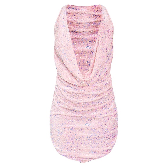 PRETTYLITTLETHING 8 40 pink sequin dress with gloves cowl neck - Picture 3 of 7